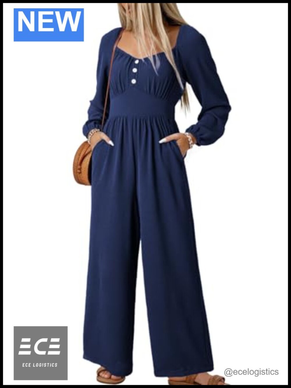Women's Long Sleeve Square Neck Jumpsuit with Pockets
